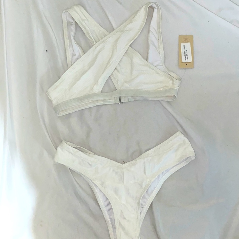White ribbed cross top bikini set